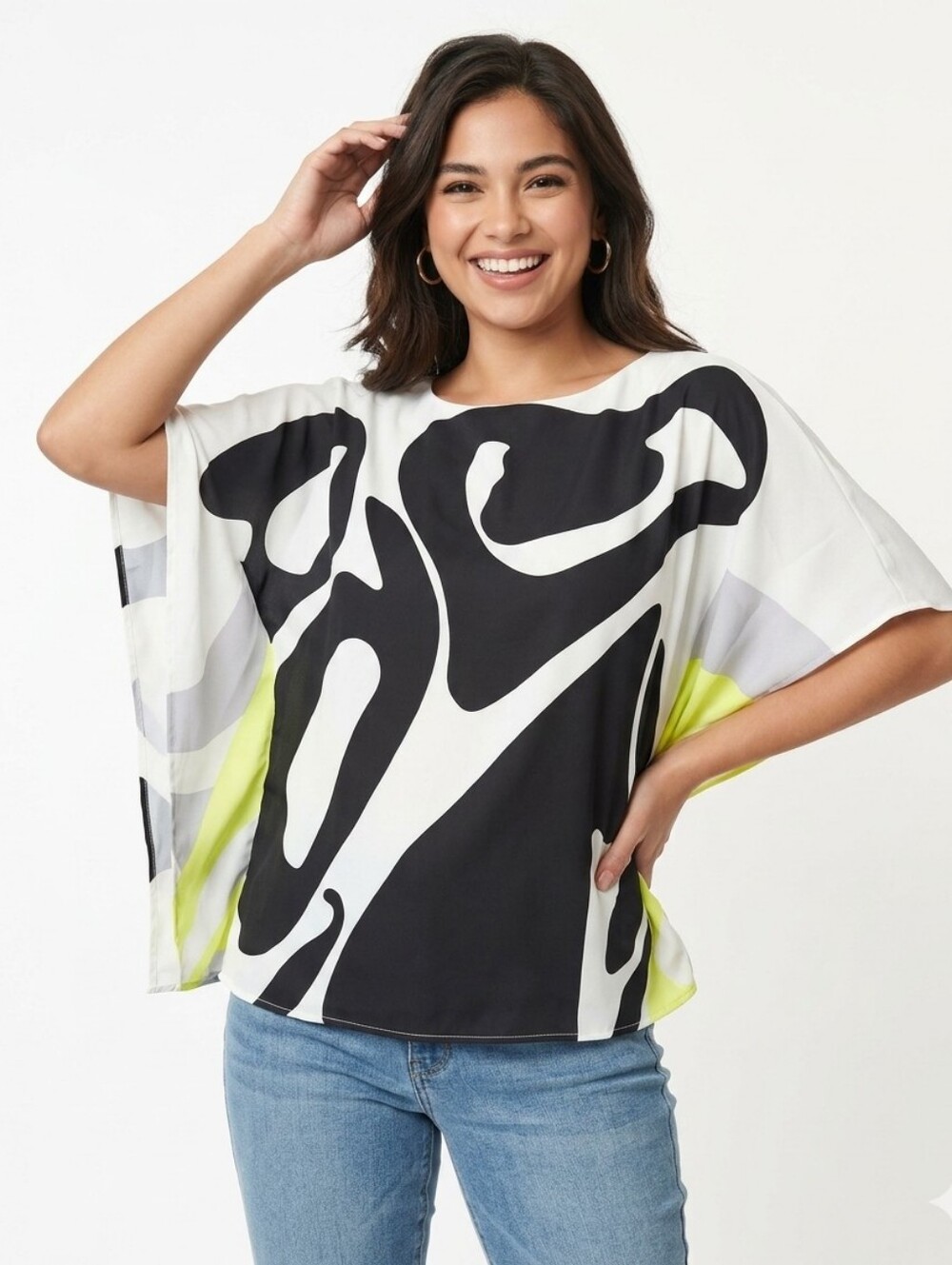 Ador Satin Silk Shirt Magyar Sleeve Flowy Graphic Blouse